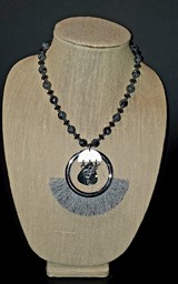 Show details for Marbled Black and Grey Statement Necklace with Fringe Picture of Marbled Black and Grey Statement Necklace with Fringe