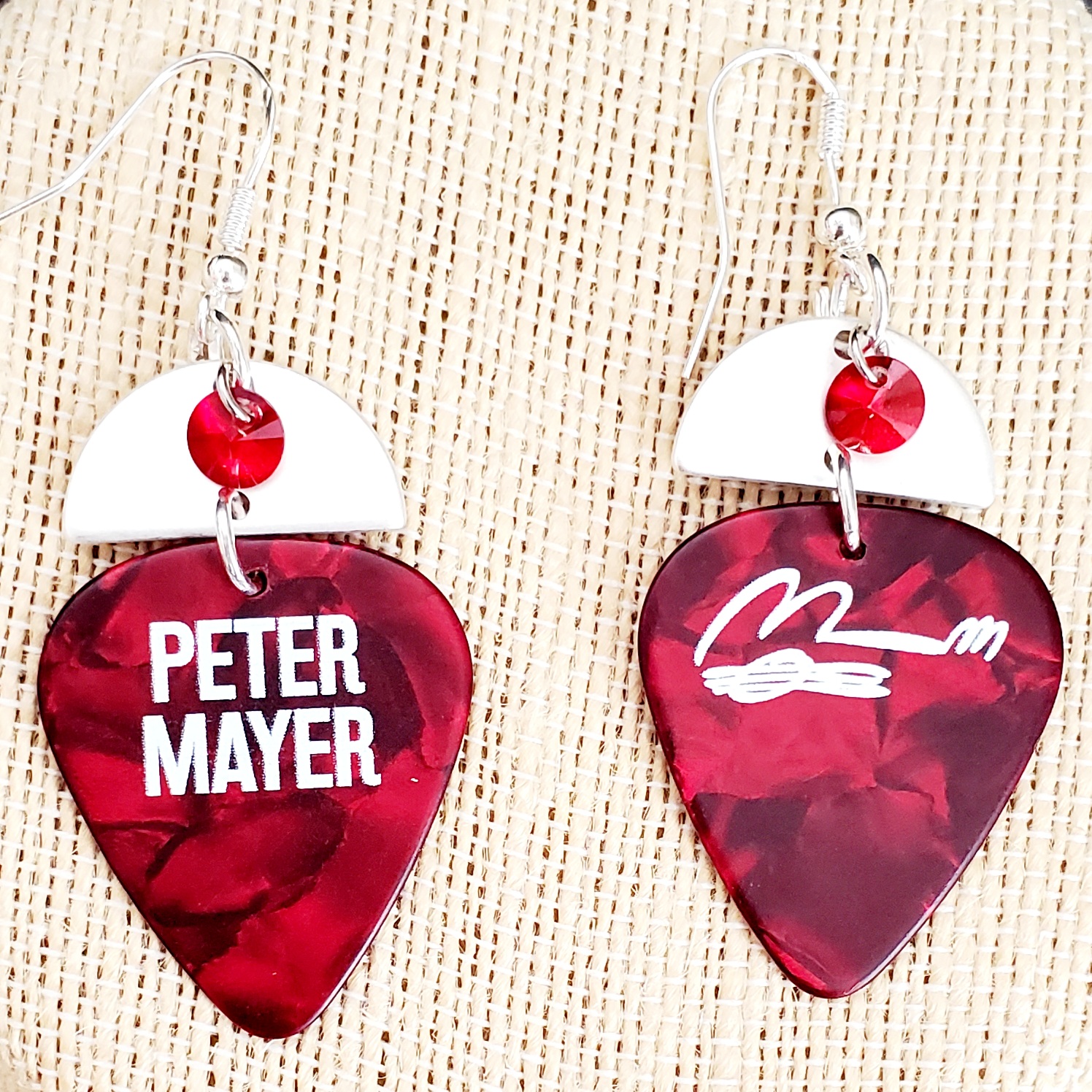 Picture of Red Peter Mayer Guitar Pick Earrings with Red Bead